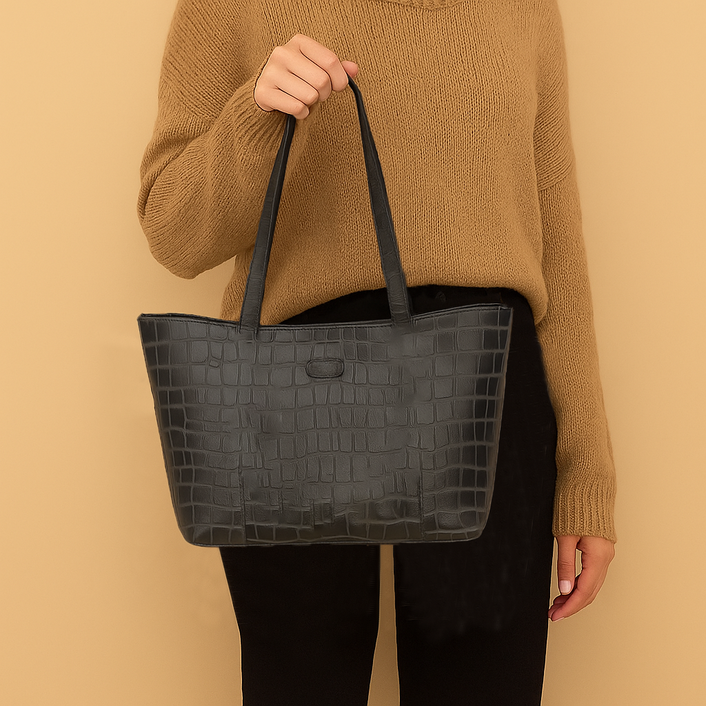Omax Black Croco Genuine Leather Medium Tote Handbag for women LTHRL7