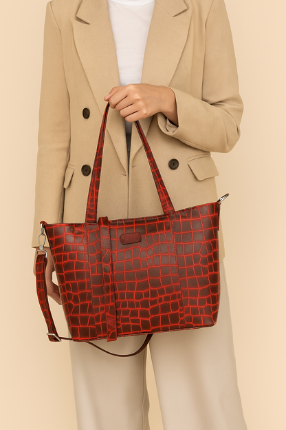 Omax Maroon Croco Genuine Leather Medium Tote Handbag for women LTHRL7