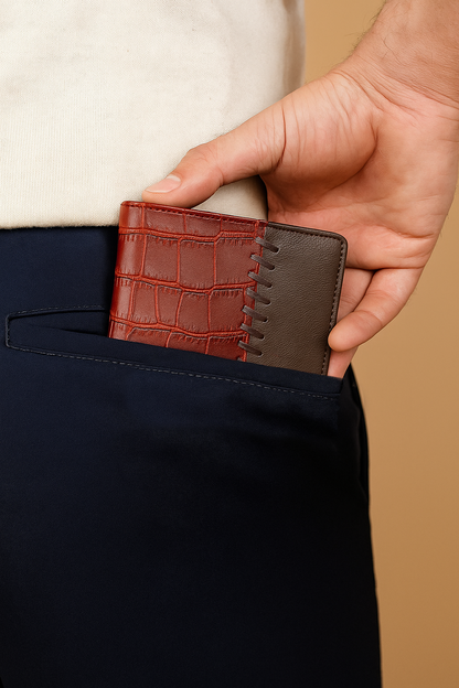 BOSHEK Brown Red Hand Stitched Croco Pettern Leather Men's Wallet FW243