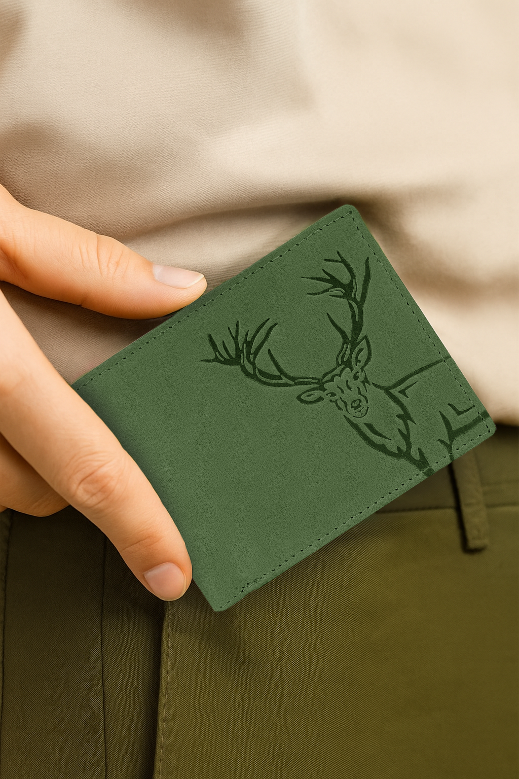 BOSHEK Green Elk Embossed Design Hunter Leather Wallet FW253