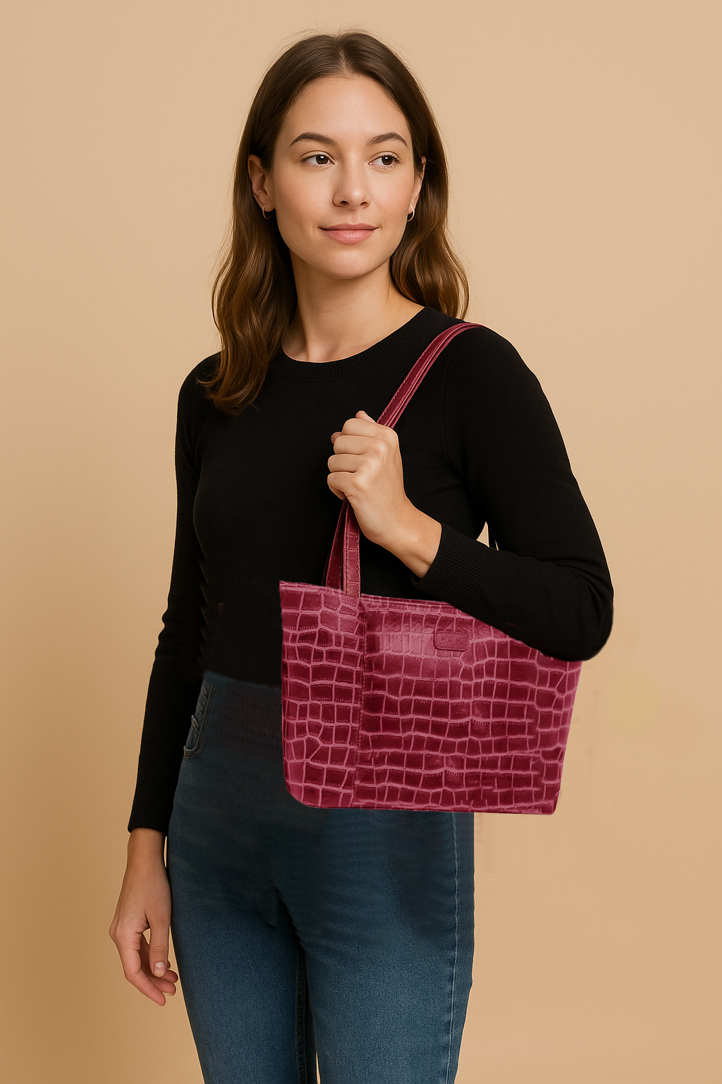 Omax Maroon Croco Genuine Leather Medium Tote Handbag for women LTHRL7