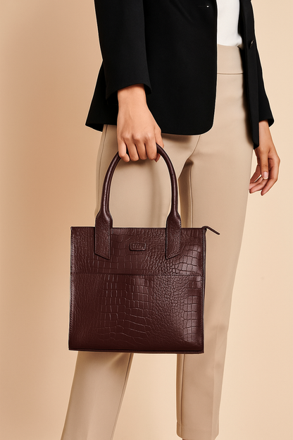 Boshek Brown Genuine Leather Tote Croco Print Handbag for Women FL27