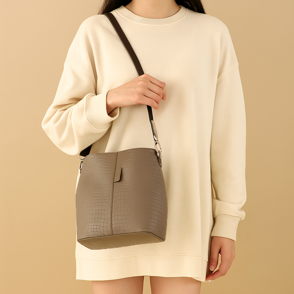 Omax Beige Croco Design Genuine Leather Tote , Bucket Handbag for Women FL56