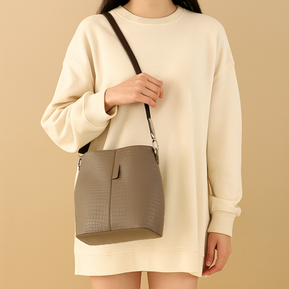 Omax Beige Croco Design Genuine Leather Tote , Bucket Handbag for Women FL56