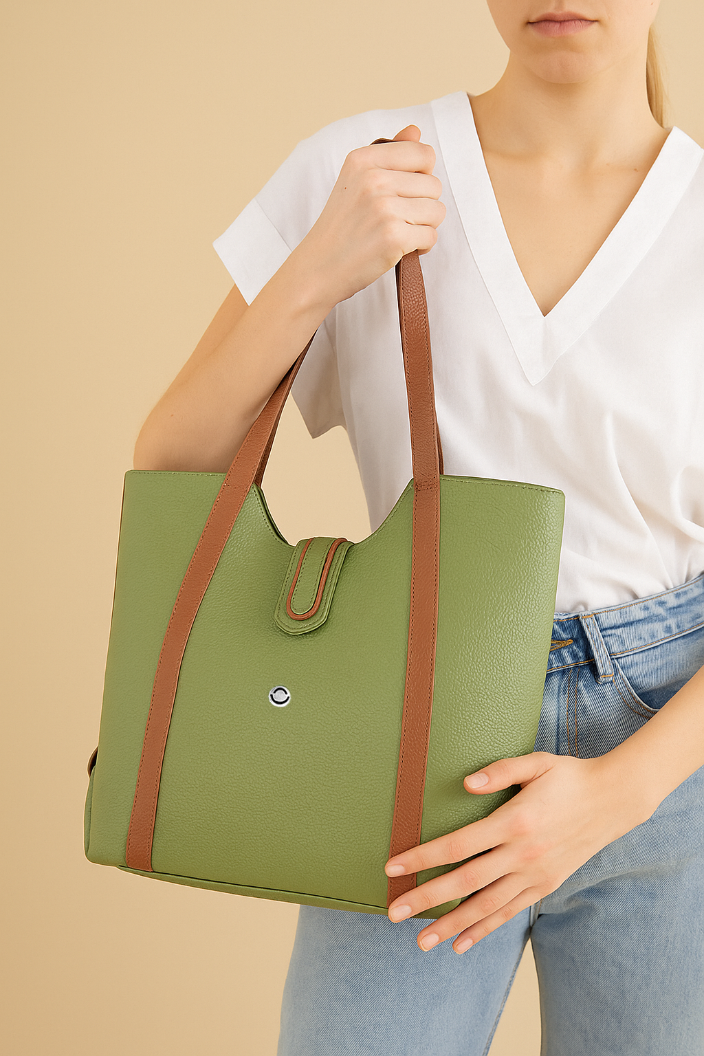 Omax Olive Full Grain Genuine Leather Tote Shoulder Bag for Women FL19