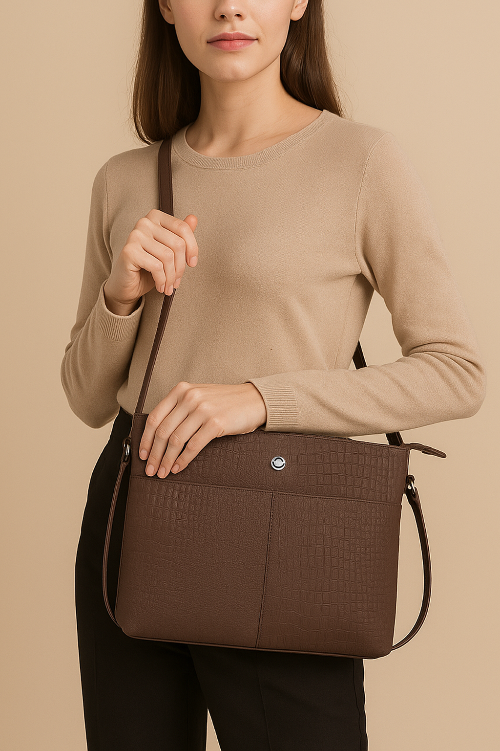 Omax Brown Genuine Leather Croco Stylish Shoulder, Laptop Handbag for Women LTHRL3