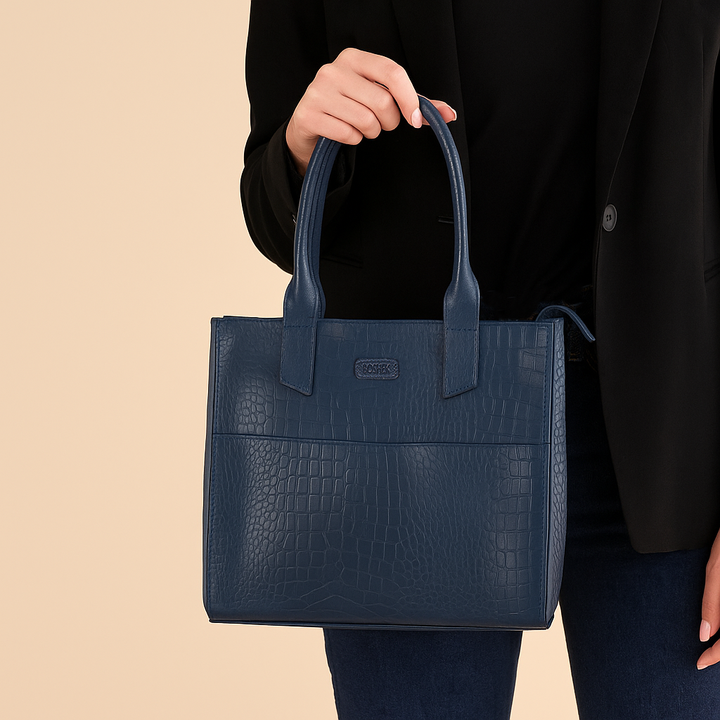 Boshek Blue Genuine Leather Tote Croco Print Handbag for Women FL27