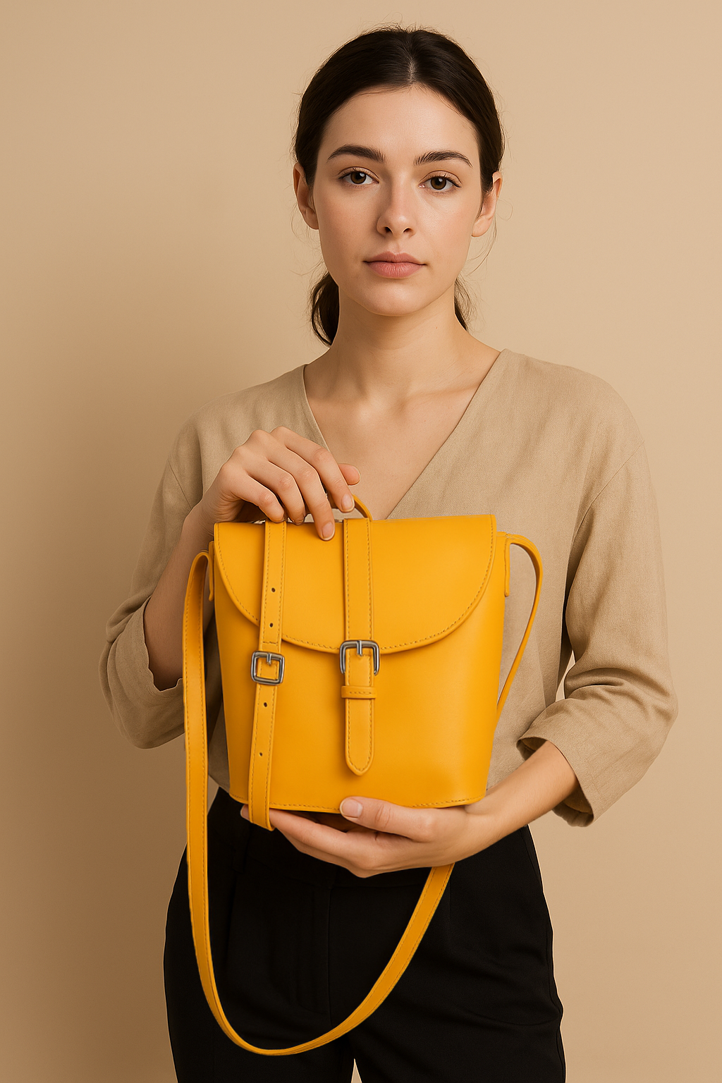 Omax Yellow Solid Genuine Leather Sling Handbag for Women FL54