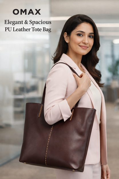Brown Tote Bag for Women – OMAX OMB-405 Large PU Leather Office Shoulder Handbag