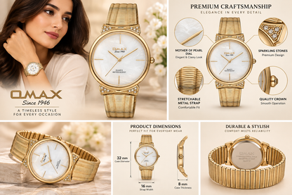 Omax White Dial Golden Case, Index, Golden Stainless Steel Mesh Strap Women Watch -00FMB018Q000