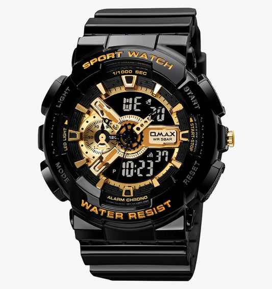 OMAX Analogue and Digital display Black Gold Resin Fiber Case Strap Watch for Men and Women-DS91920P
