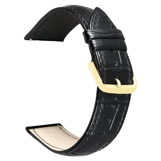 Boshek Black Genuine Leather Croco Design Unisex Watch Strap. Golden Buckle Quick Release and Self Changeable FS313