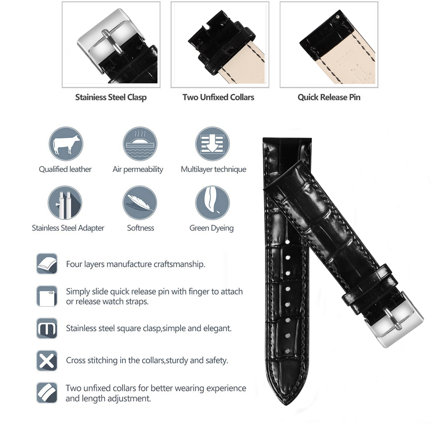 Boshek Black Genuine Leather Croco Design Watch Strap for Quick Release and Self Changeable FS313