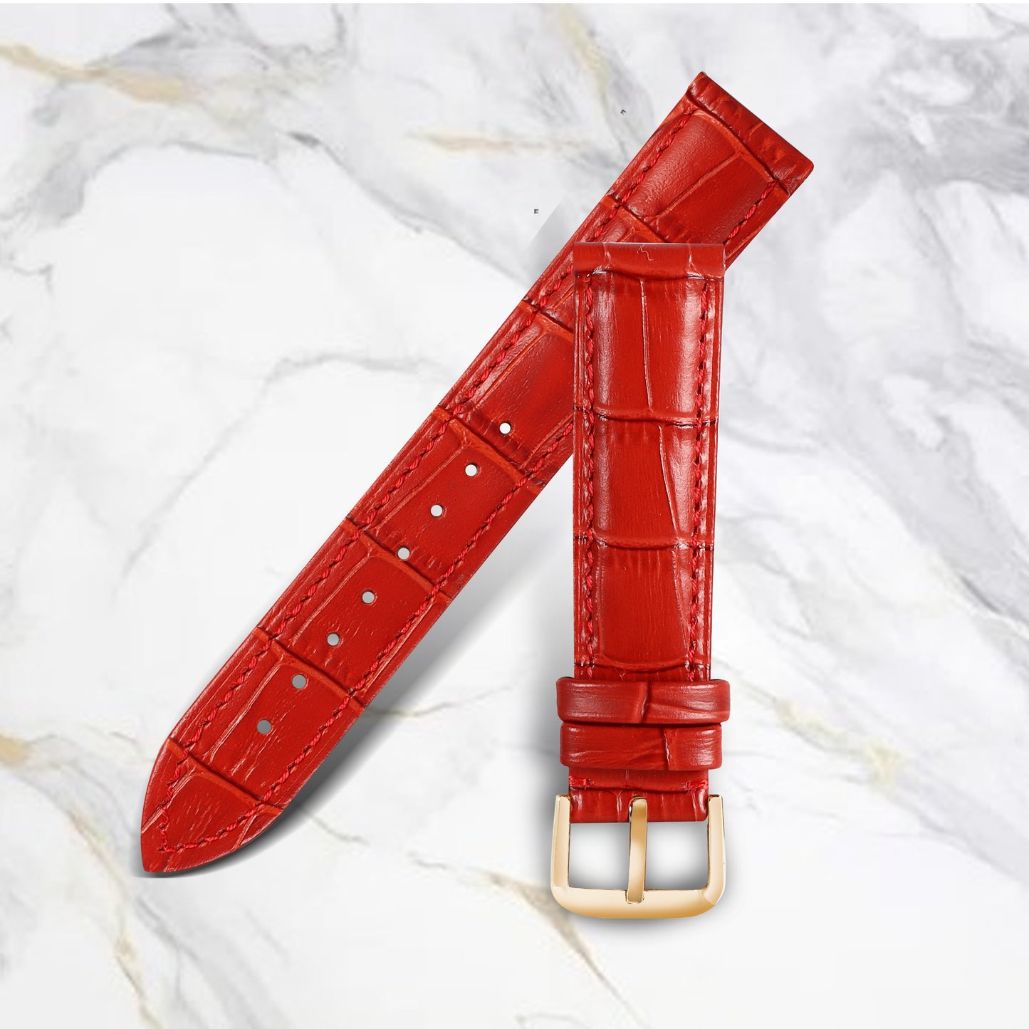 Boshek Red Genuine Leather Croco Design Watch Strap. Golden Buckle Quick Release and Self Changeable FS354-RD-19-G