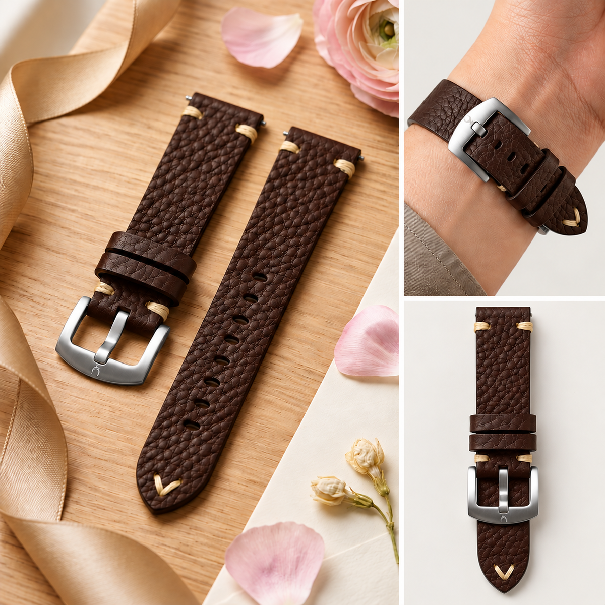 Omax Premium Brown Leather Watch Strap for Men | Soft Textured Genuine Finish | Durable Stainless Steel Buckle |FS416-BR-20-S