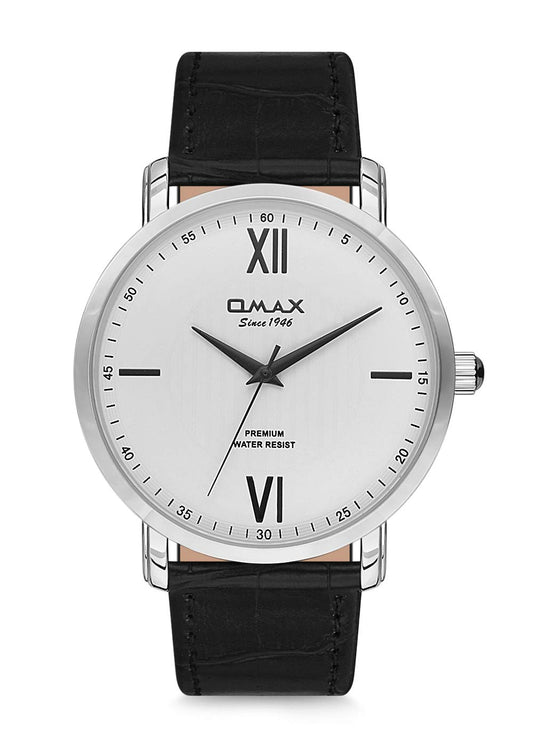 Omax White Dial Silver Case and Black Index with Black Leather Watch for Men- GU03P32I