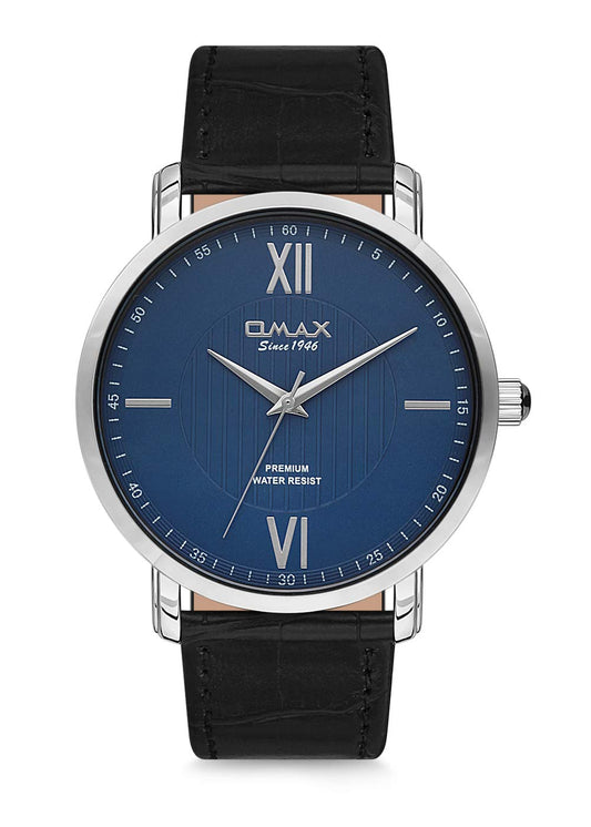 Omax Blue Dial Silver Case and  Index with Black Leather Watch for Men- GU03P42I