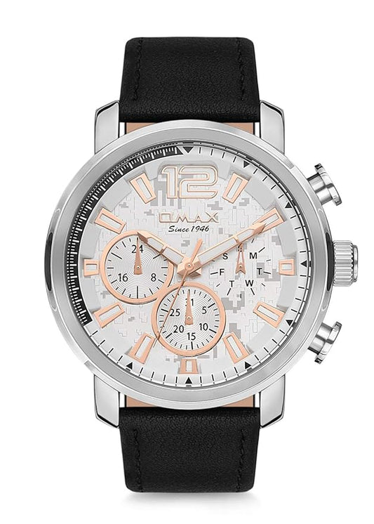 Omax Chronograph Display Quartz Multifunction Dial Genuine Leather Strap Casual Watch GX15P32O