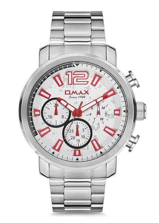 Omax White Dial With Red Index, Silver Stainless Steel Chain Muiltifunction Watch for Men-GX16P36R