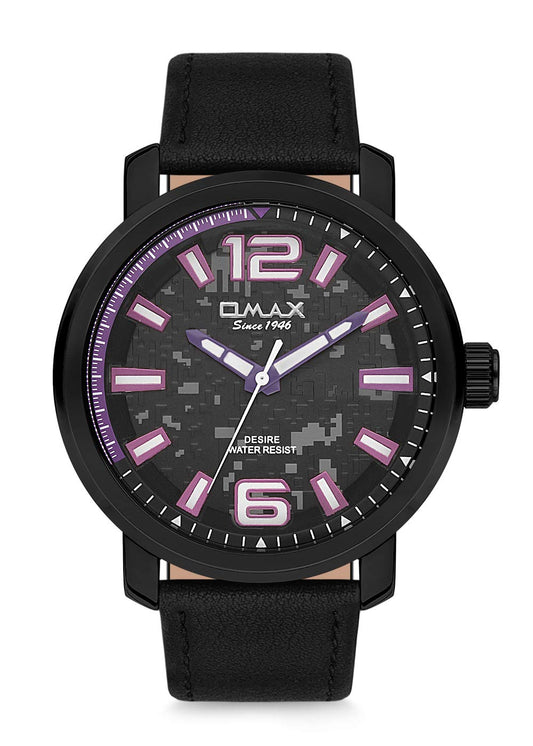 Omax Black Analog Dial Purple Index With Black Genuine Leather Strap Watch for Men GX18M22U