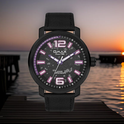 Omax Black Analog Dial Purple Index With Black Genuine Leather Strap Watch for Men GX18M22U