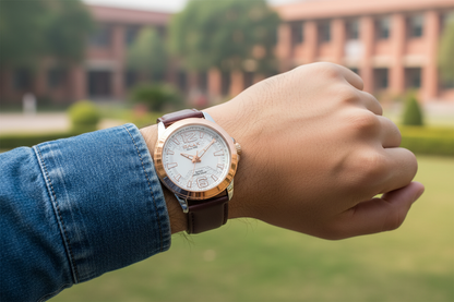 OMAX Analog White Dial Brown Genuine Leather Strap With Rose Gold Index mens Watch-GX23C35I