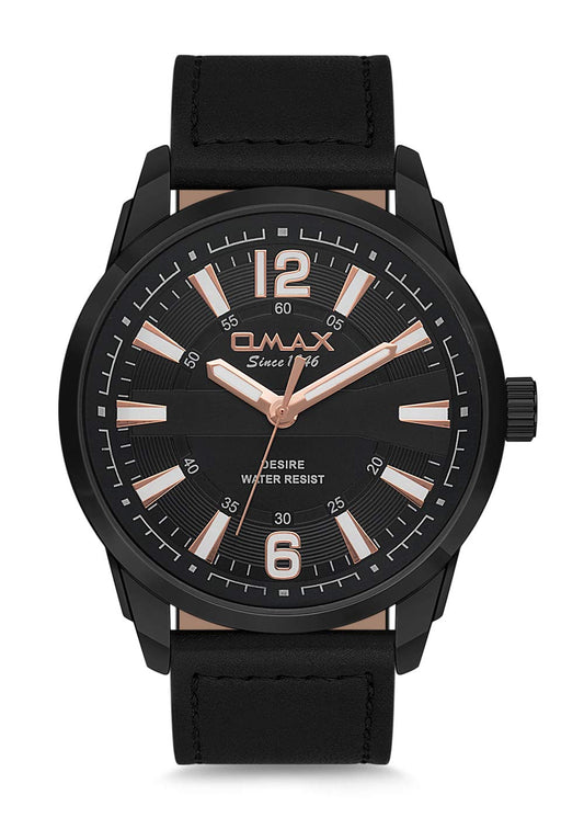 Omax Analog Black Dial Black Leather Strap Watch with Rose Gold Index - GX29M22O