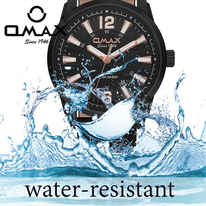 Omax Analog Black Dial Black Leather Strap Watch with Rose Gold Index - GX29M22O