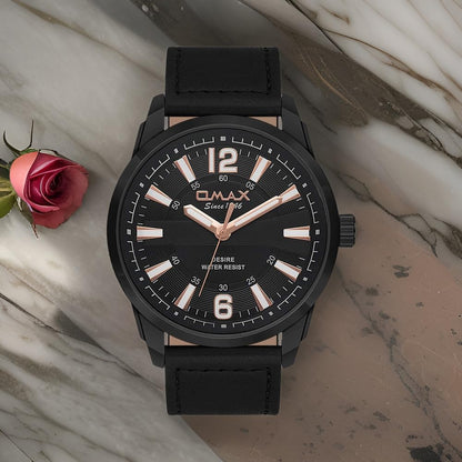 Omax Analog Black Dial Black Leather Strap Watch with Rose Gold Index - GX29M22O