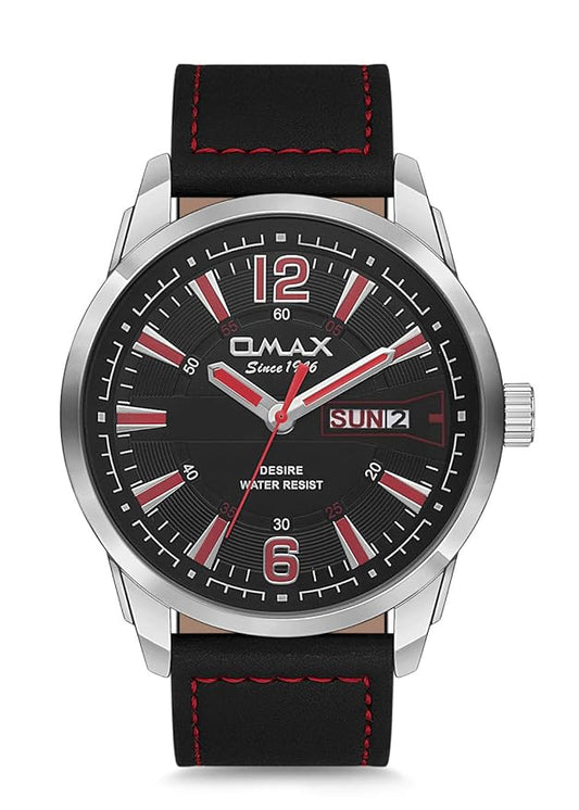 OMAX Analog Black Dial Black with red Contrast Stitching  Genuine Leather Strap Mens Watch- GX30P22I