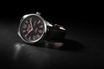 OMAX Analog Black Dial Black with red Contrast Stitching  Genuine Leather Strap Mens Watch- GX30P22I