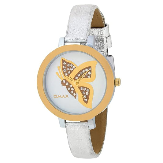 Omax White Dial Butterfly Design With Genuine Leather Silver Foil Strap watch for Women-LS313