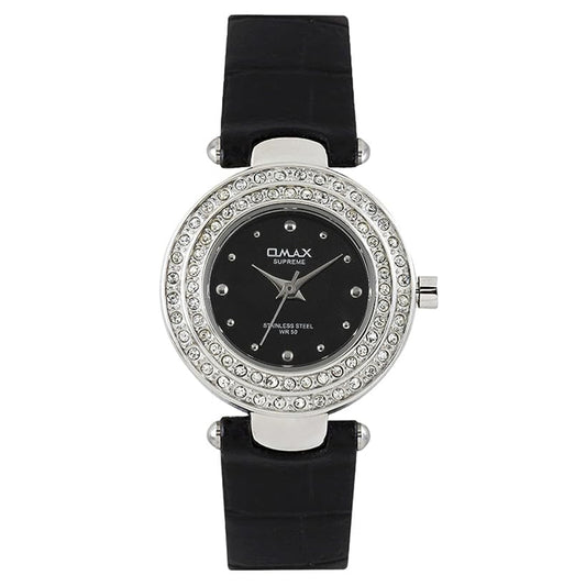 Omax Black Dial Black Leather Strap analog Watch for Women-LS132