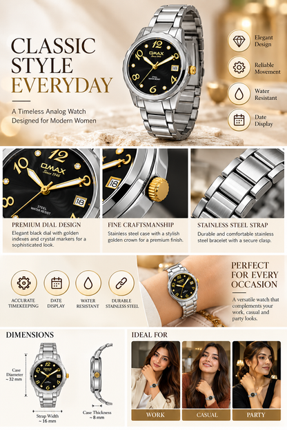 Omax Women's Black Dial Silver Stainless Steel Watch – Unique Design, Quartz | LS189