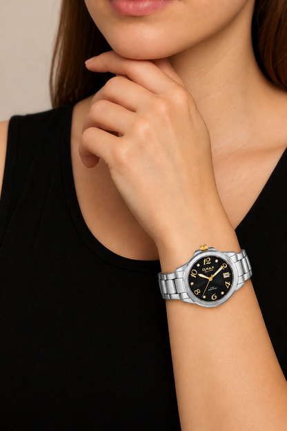 Omax Women's Black Dial Silver Stainless Steel Watch – Unique Design, Quartz | LS189