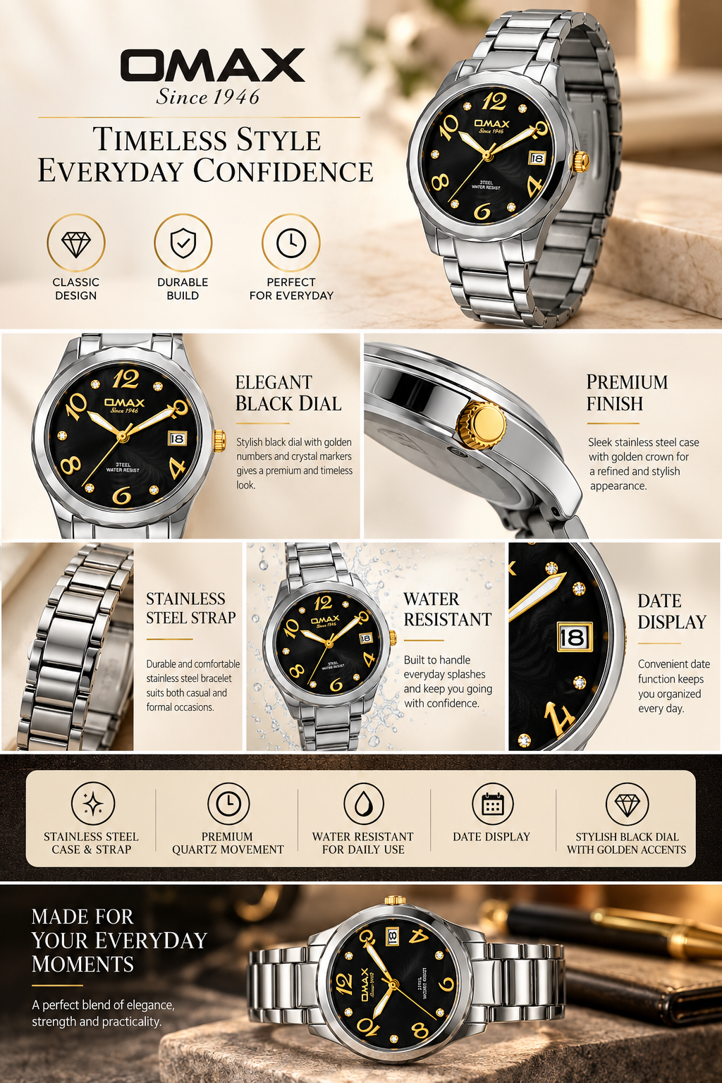 Omax Women's Black Dial Silver Stainless Steel Watch – Unique Design, Quartz | LS189