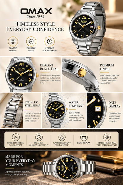 Omax Women's Black Dial Silver Stainless Steel Watch – Unique Design, Quartz | LS189