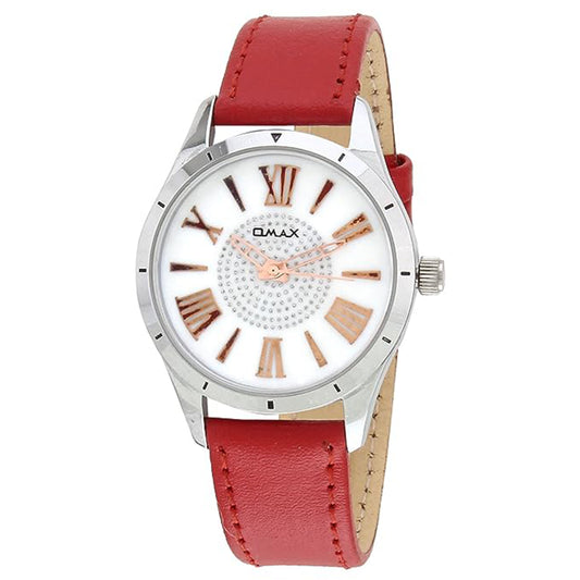 Omax White Dial ,Silver Case, with Red Genuine Leather Strap watch for Women LS304