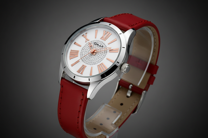 Omax Women's White Dial Silver Case Red Genuine Leather Strap Watch – Analog, Quartz | LS304