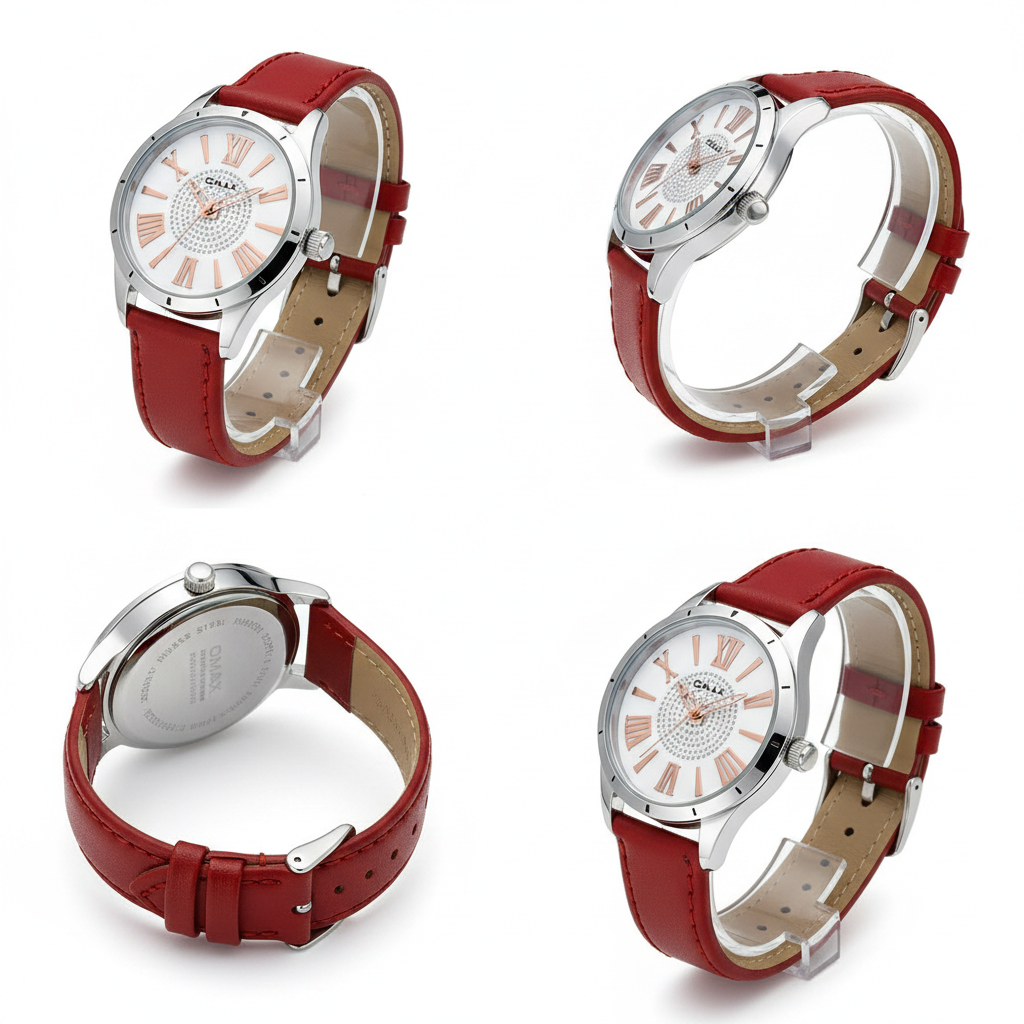 Omax Women's White Dial Silver Case Red Genuine Leather Strap Watch – Analog, Quartz | LS304