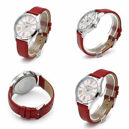 Omax Women's White Dial Silver Case Red Genuine Leather Strap Watch – Analog, Quartz | LS304