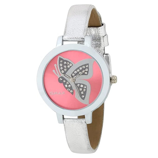 Omax Pink Butterfly Designed Dial with Foil printed Silver Genuine Leather Strap Watch for Girls and Women LS308