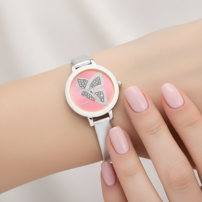 Omax Women's Pink Butterfly Dial Silver Leather Watch – Foil Print, Quartz | LS308