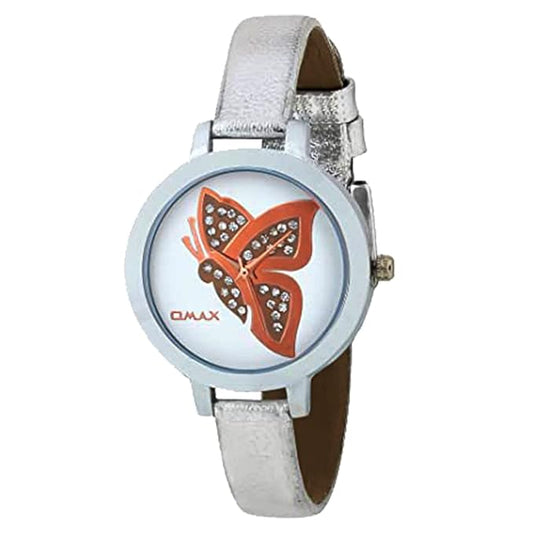 Omax White Butterfly Designed Dial with Foil printed Silver Genuine Leather Strap Watch for Girls and Women LS310