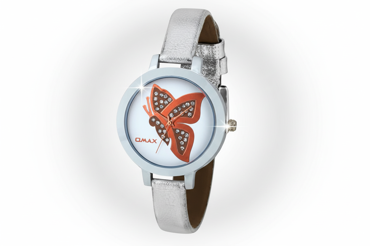 Omax Women's White Butterfly Dial Silver Leather Watch – Foil Print, Quartz | LS310