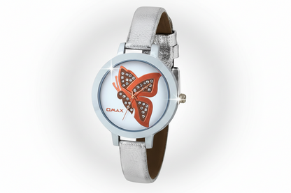 Omax Women's White Butterfly Dial Silver Leather Watch – Foil Print, Quartz | LS310