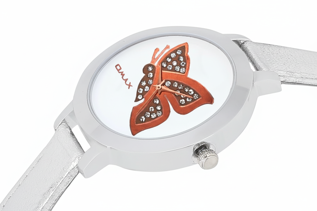 Omax Women's White Butterfly Dial Silver Leather Watch – Foil Print, Quartz | LS310