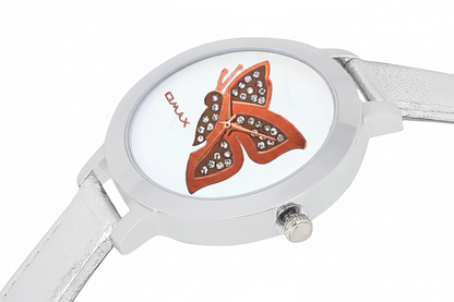 Omax Women's White Butterfly Dial Silver Leather Watch – Foil Print, Quartz | LS310