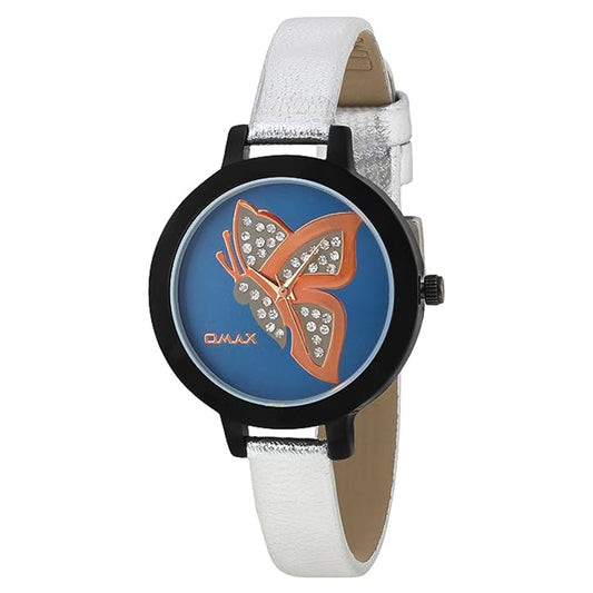 Omax Blue Butterfly Designed Dial with Foil printed Silver Genuine Leather Strap Watch for Girls and Women LS316