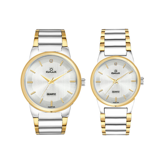 OMAX Analog White Dial with Silver and Gold  Stainless Steel Strap Watch Pair for Couple -CPL05